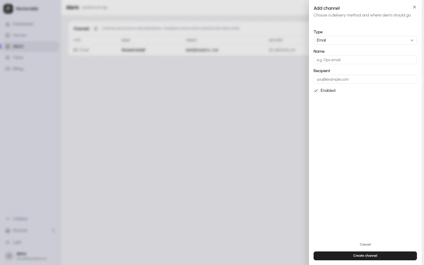 Add channel dialog with the type selector and recipient field
