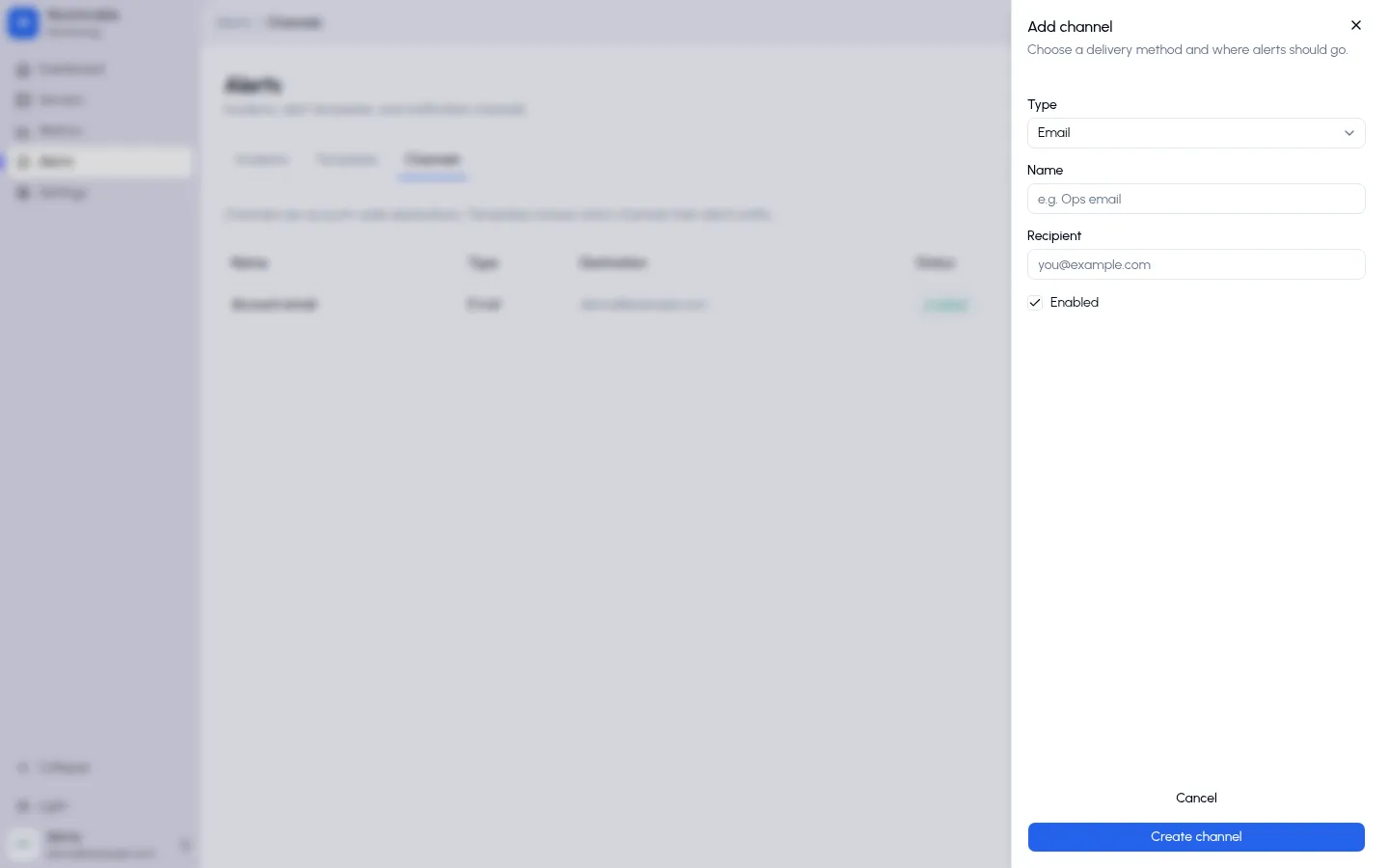 Add channel dialog with the type selector and recipient field