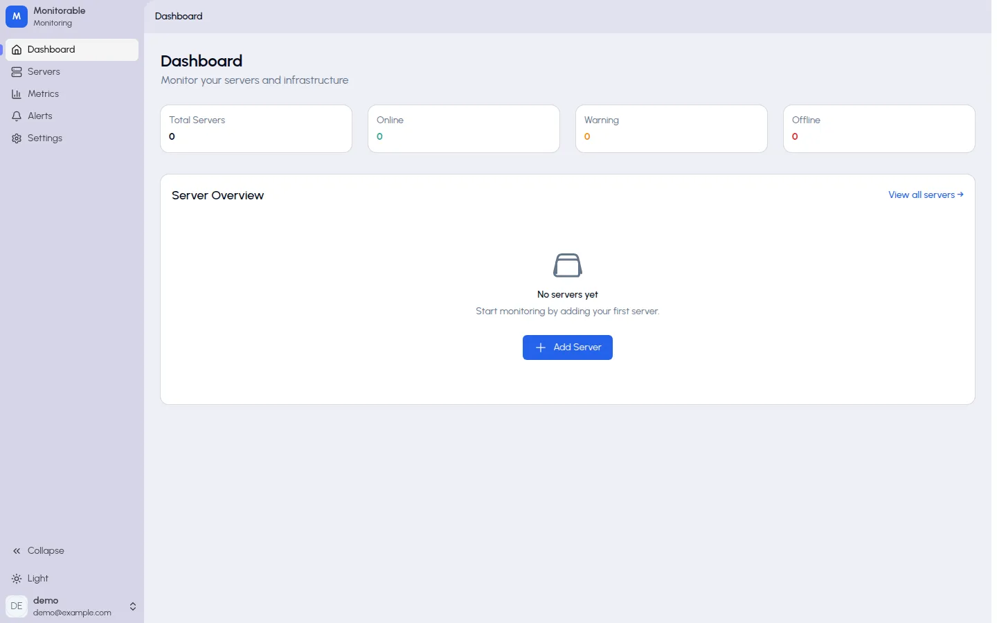 Empty dashboard with the Add Server button in the Server Overview card