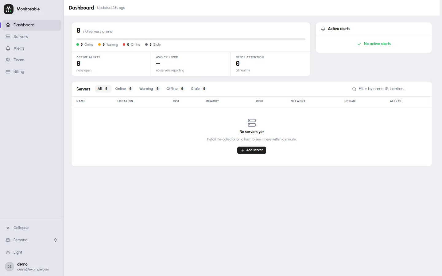 Empty dashboard with the Add server button in the Servers table
