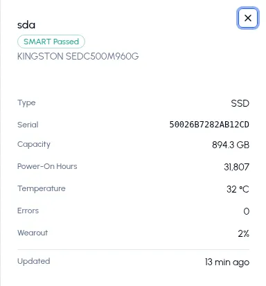 Drive detail sheet for sda: SMART Passed, Kingston model, serial, capacity, power-on hours, temperature, errors, and wearout