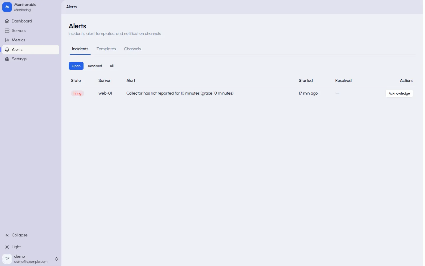 Incidents page showing an open Collector offline incident for server web-01