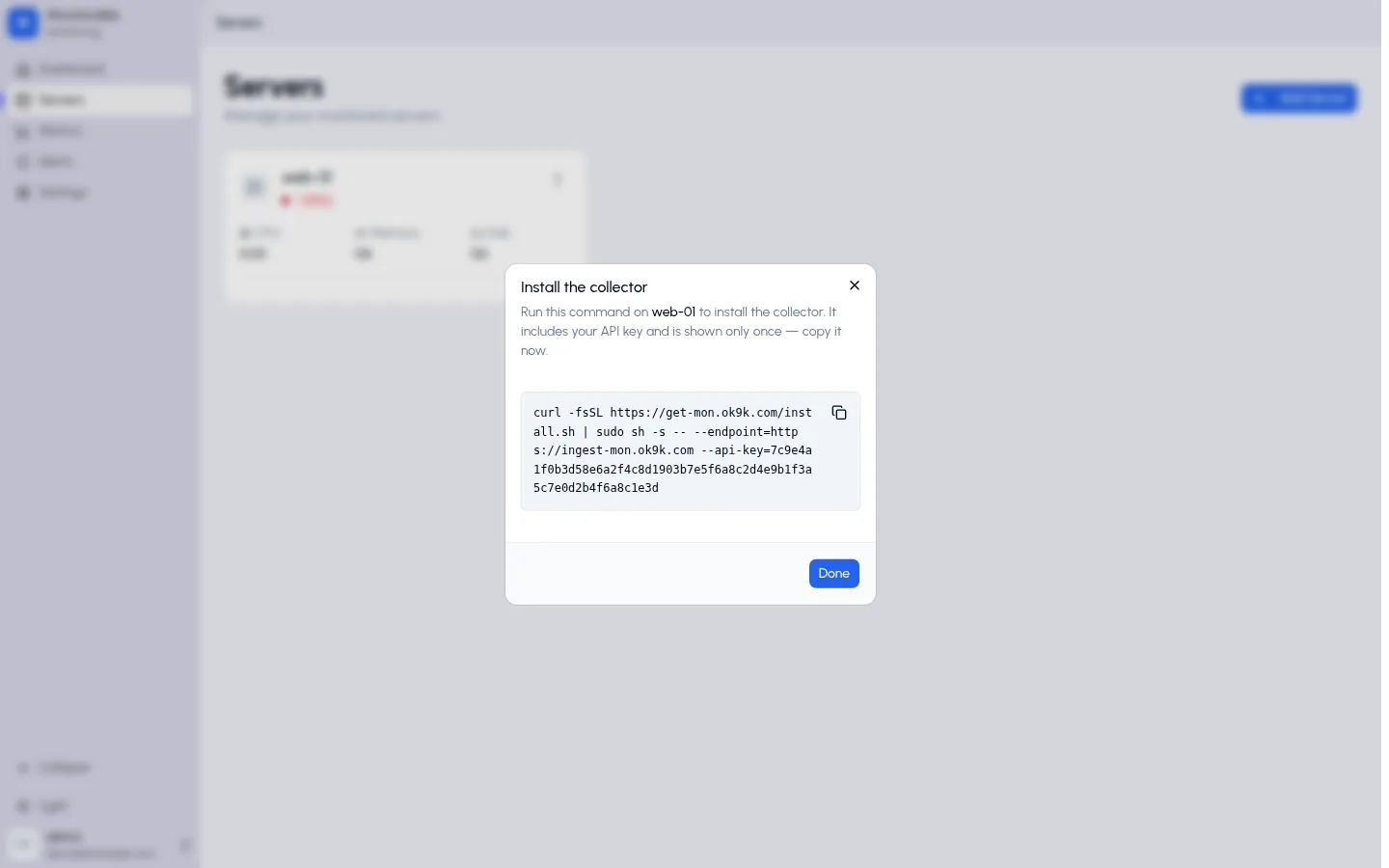 Install the collector dialog showing the one-line install command with a copy button