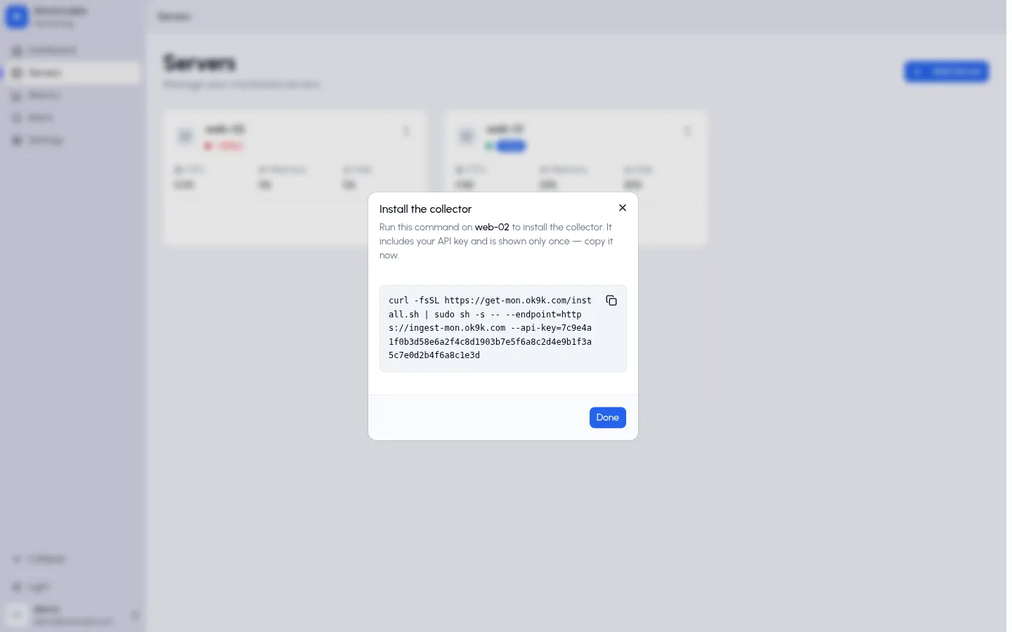 Install the collector dialog showing the one-line install command with a copy button