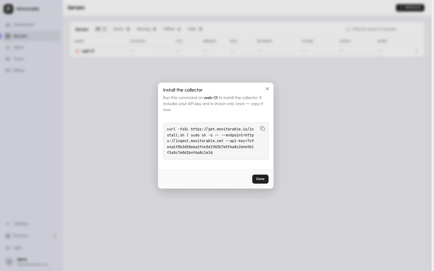 Install the collector dialog showing the one-line install command with a copy button
