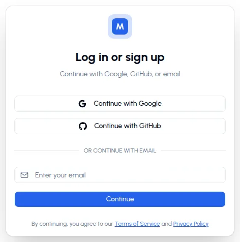 The sign-in card: Continue with Google, Continue with GitHub, and an email field with a Continue button