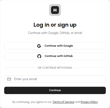 The sign-in card: Continue with Google, Continue with GitHub, and an email field with a Continue button