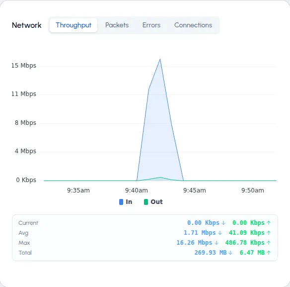 Network panel on the Throughput tab: In and Out lines with the Current/Avg/Max/Total stats grid