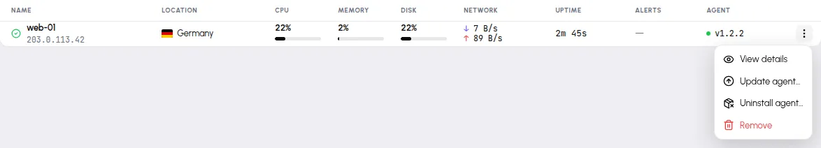 Server actions menu opened on a Servers row, showing the View details, Update agent…, Uninstall agent… and Remove entries